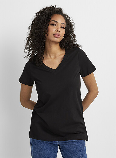 Contemporaine: Le t-shirt tunique col V coton bio Noir pour femme