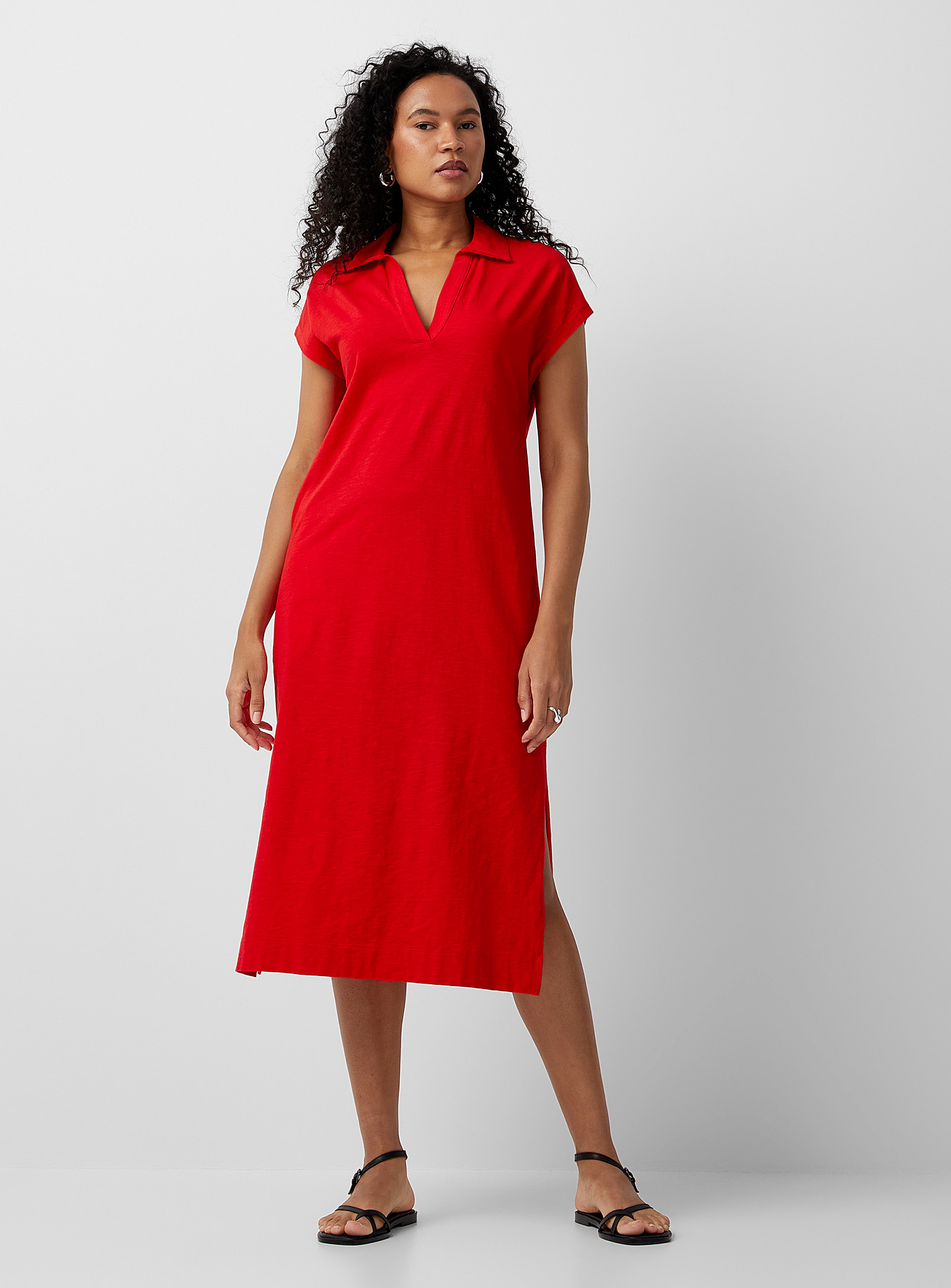 Contemporaine Striped Johnny Collar Jersey Dress In Red