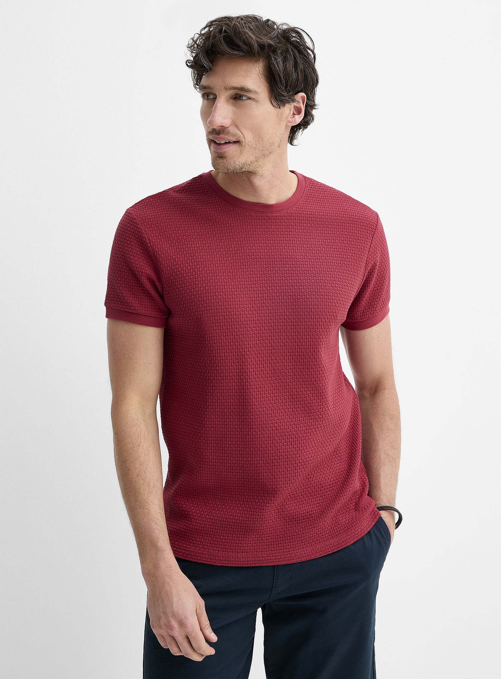 Le 31 - Embossed jacquard T-shirt (Men, Red, LARGE)