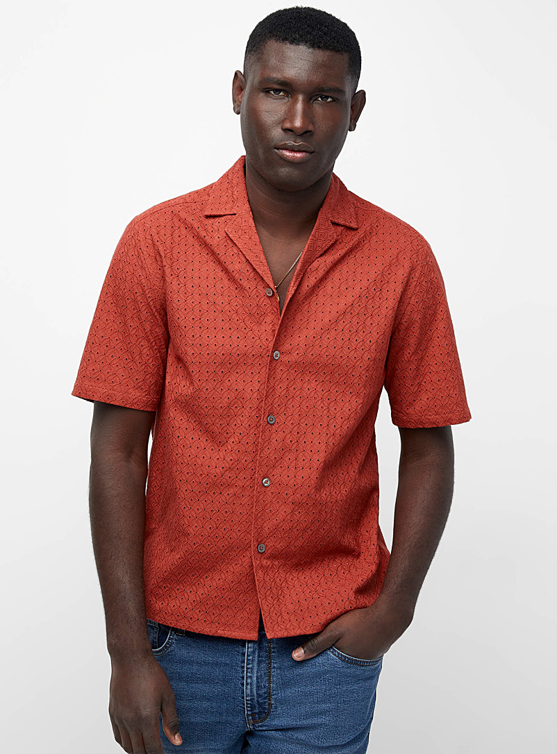 Le 31 Burnt/Brick Orange Broderie anglaise shirt Comfort fit for men
