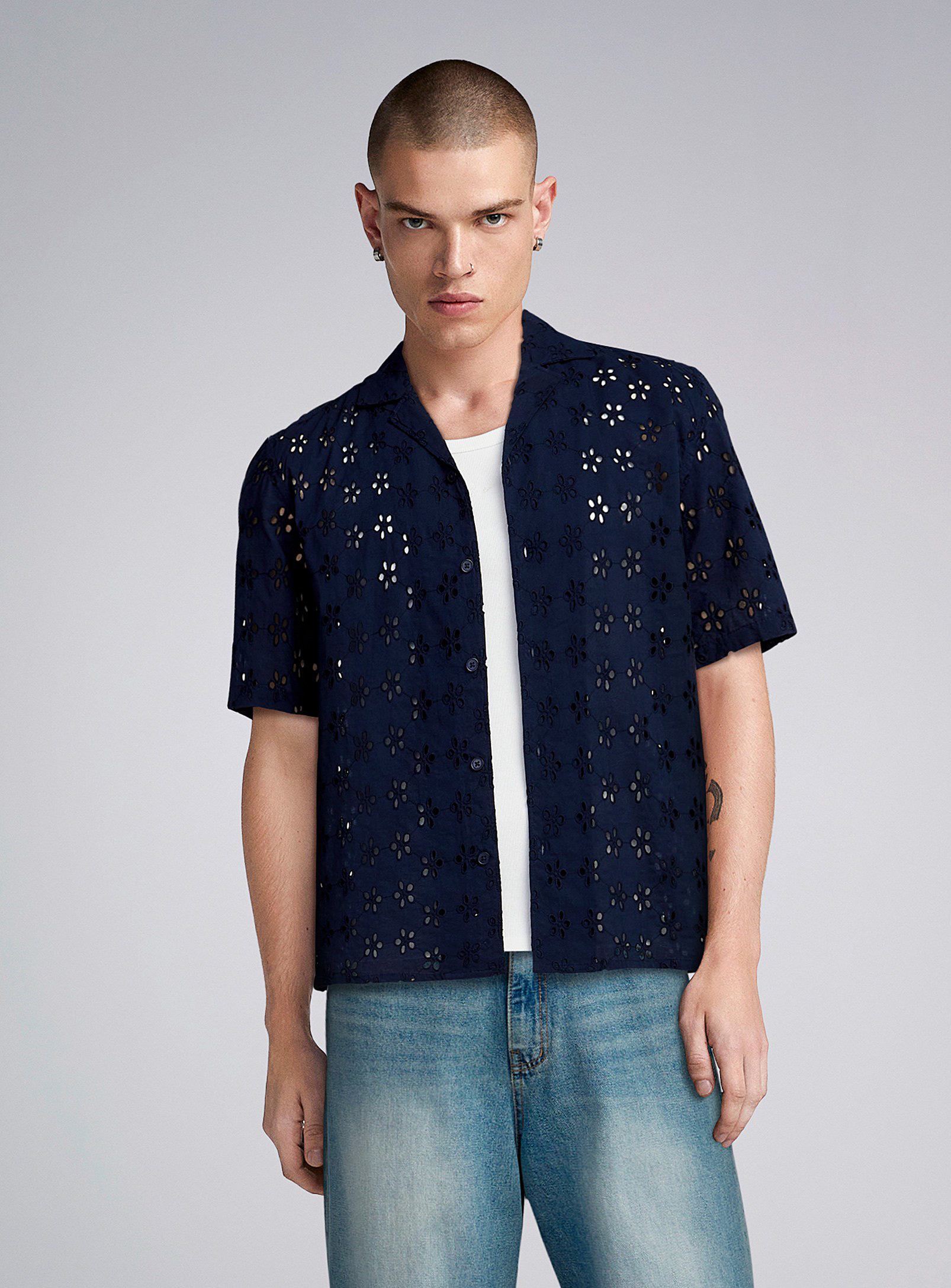 Djab Broderie Anglaise Camp Shirt In Navy/midnight Blue