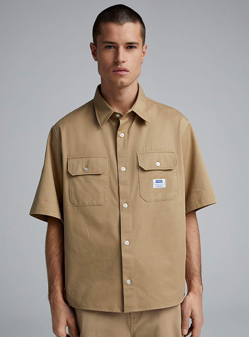 HUGO Light Brown Utility twill shirt for men