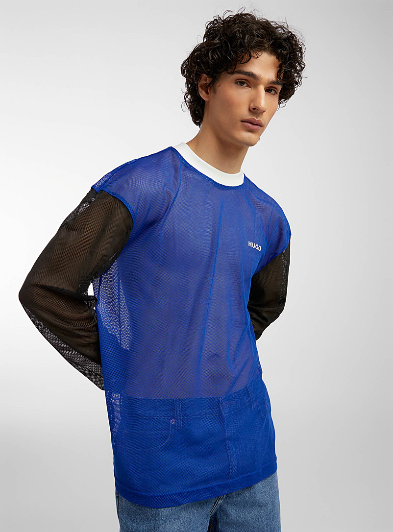 HUGO Blue Colour-block mesh T-shirt for men
