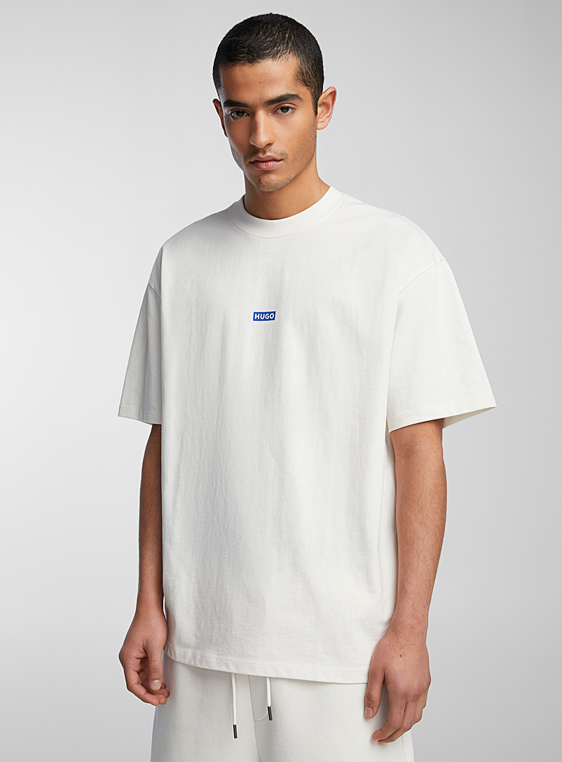 HUGO White Blue script logo T-shirt for men