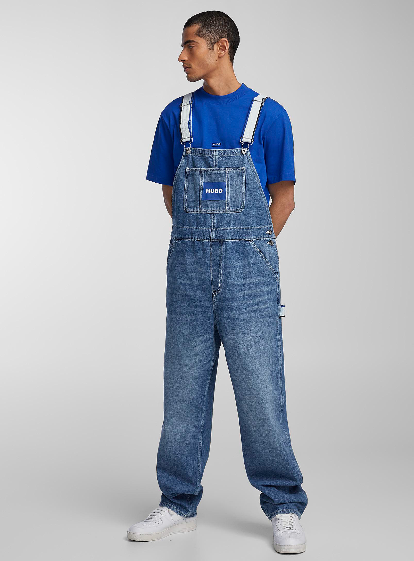 Hugo Relaxed-fit Dungarees In Denim With Logo-tape Trims In Blue