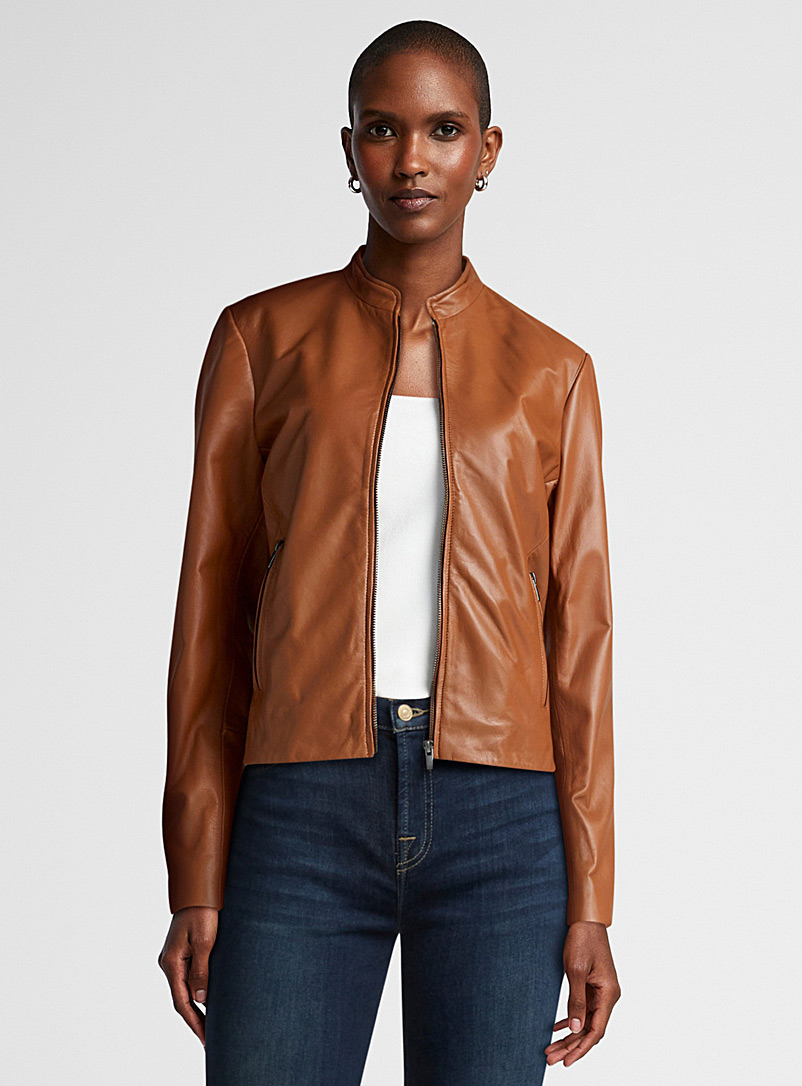 Contemporaine Light Brown Crew-neck leather jacket for women
