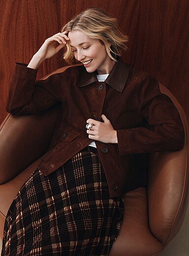 Contemporaine Chocolate/Espresso Boxy-fit suede jacket with leather shirt collar for women