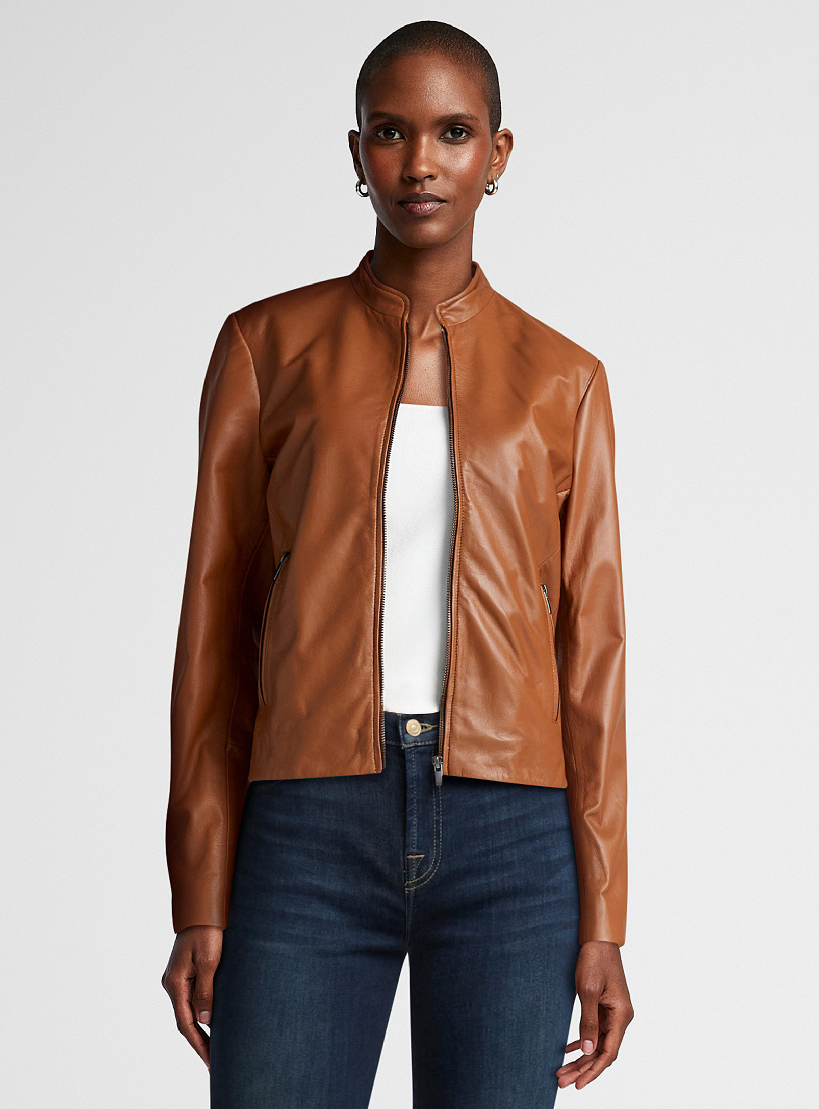 Contemporaine Crew-neck Leather Jacket In Light Brown