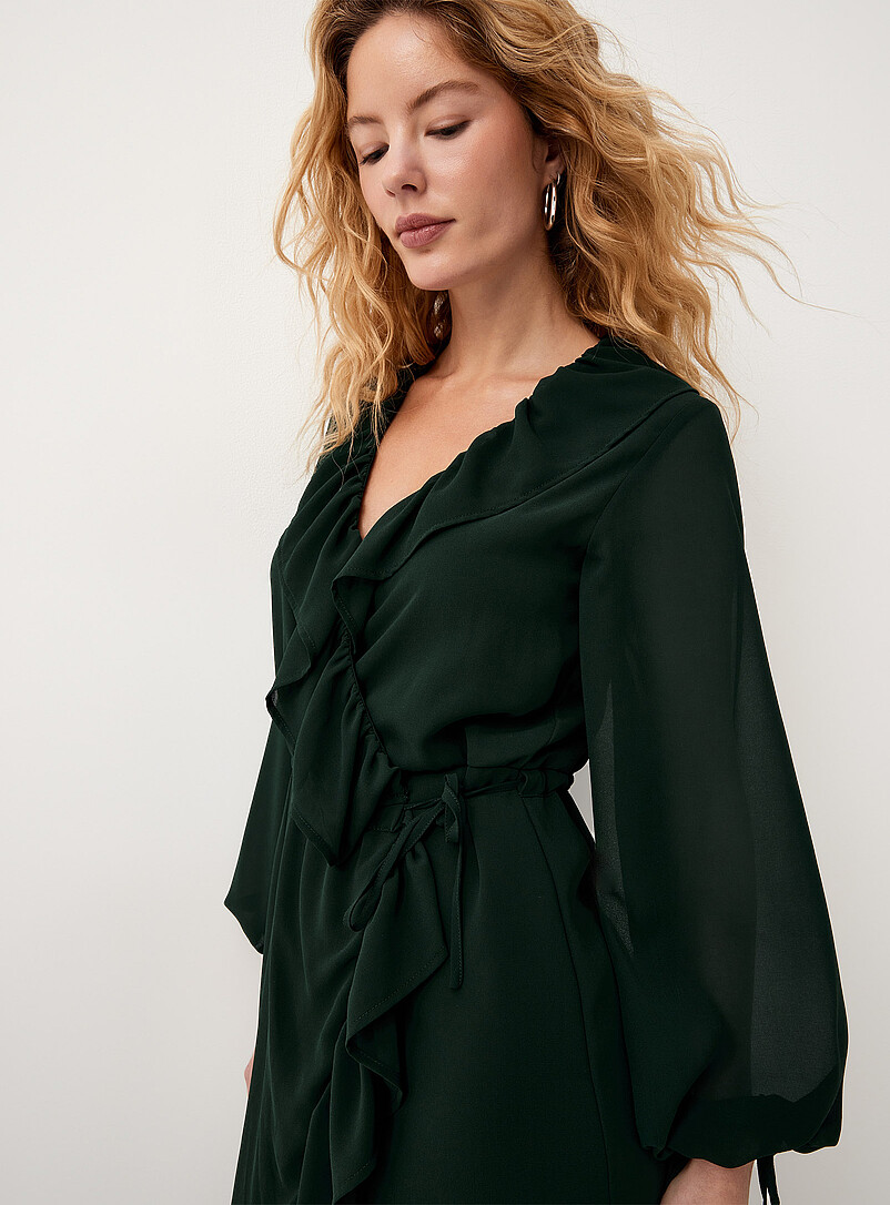 Ic&ocirc;ne: La robe portefeuille &agrave; volants chiffon diaphane Vert fonc&eacute; - Mousse pour femme