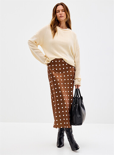Contemporaine: La jupe satin &agrave; pois taille &eacute;lastique Brun &agrave; motifs pour femme