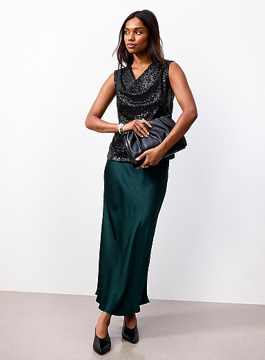 Contemporaine Mossy Green Satiny maxi skirt for women