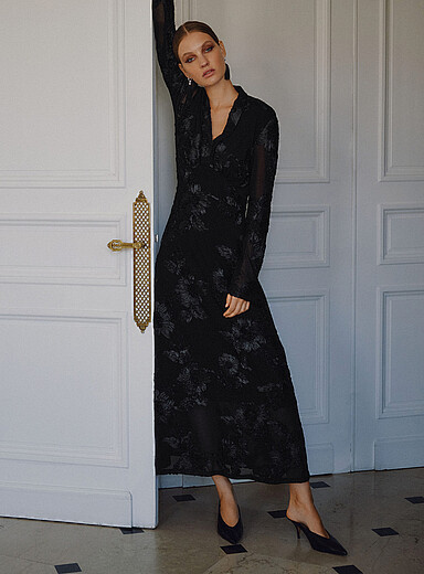 Ic&ocirc;ne Black Satiny flower micromesh maxi dress for women