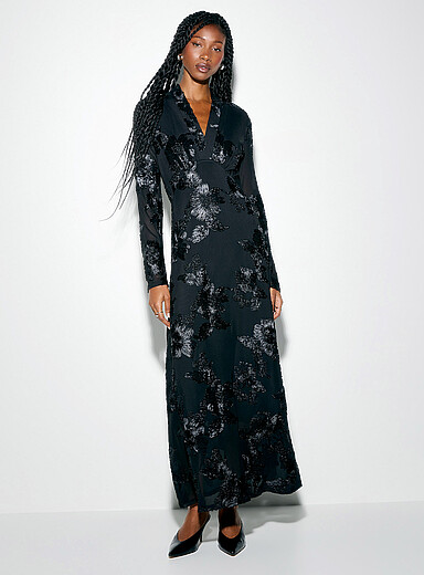 Ic&ocirc;ne Black Satiny flowers micromesh maxi dress for women