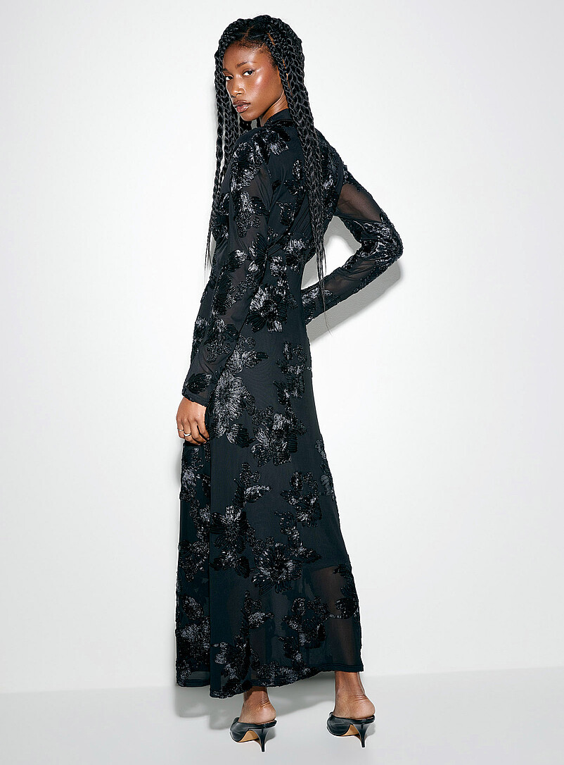 Satiny flower micromesh maxi dress | Icône | Long Dresses & Maxi