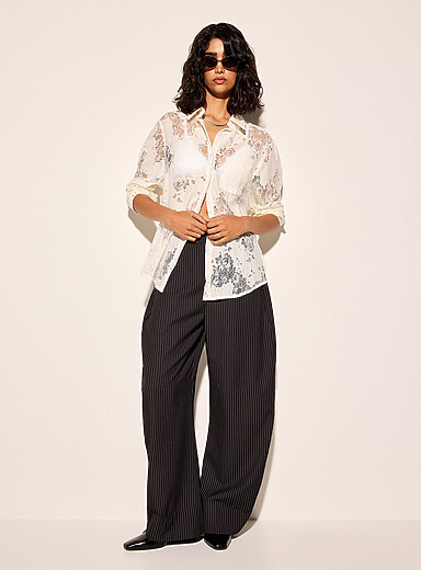 Ic&ocirc;ne Patterned Black Banker stripes barrel-leg pant for women