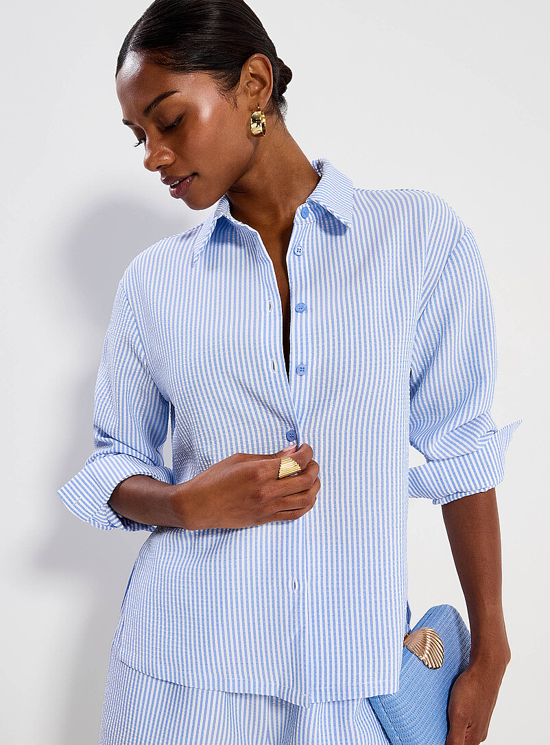 Simons: La chemise rayures seersucker Vert &agrave; motifs pour femme