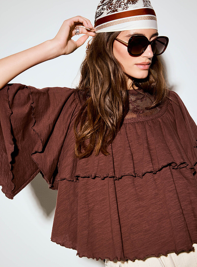 Ruffled Crocheted-Neck T-Shirt