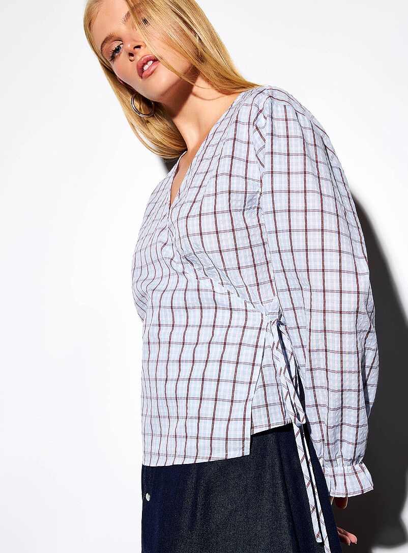 Checkered tie-up crossover blouse product image (primary)
