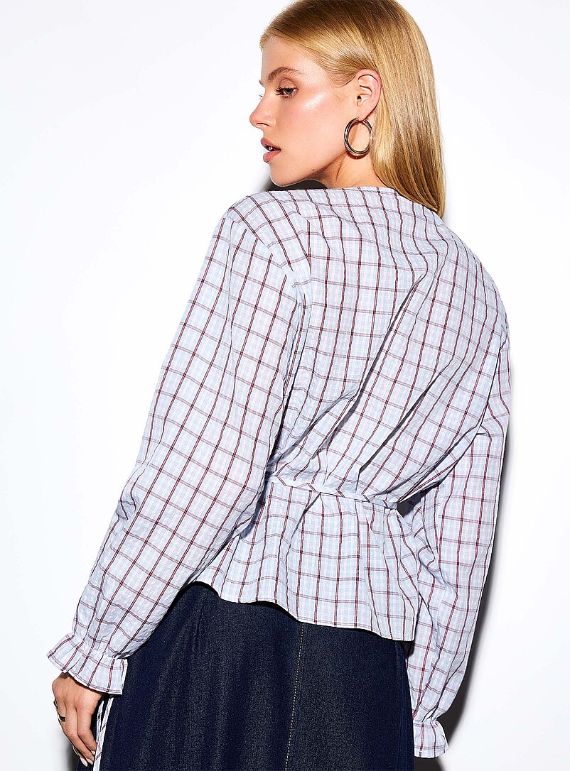 Checkered tie-up crossover blouse product image 3