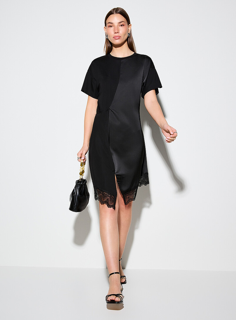 Lace-Hem Draped Mixed-Media T-Shirt Dress