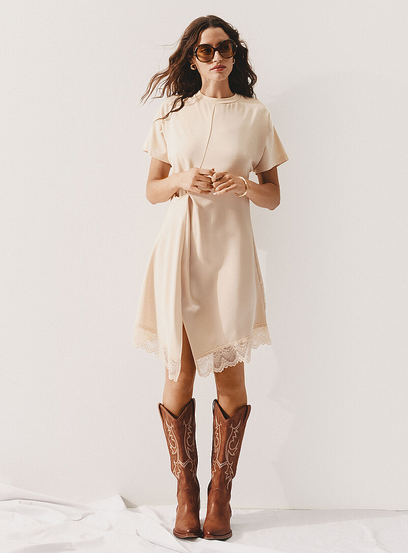 Lace-hem draped mixed-media T-shirt dress product image (primary)