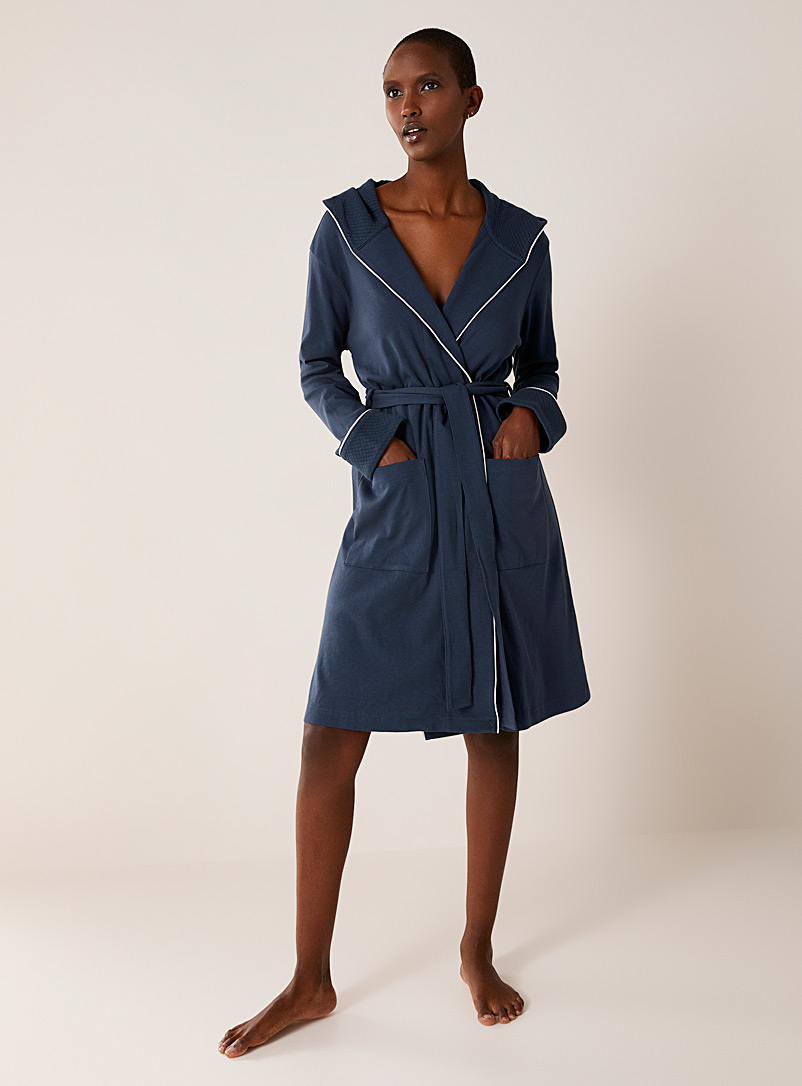Miiyu Marine Blue Contrast-trim organic cotton robe for women