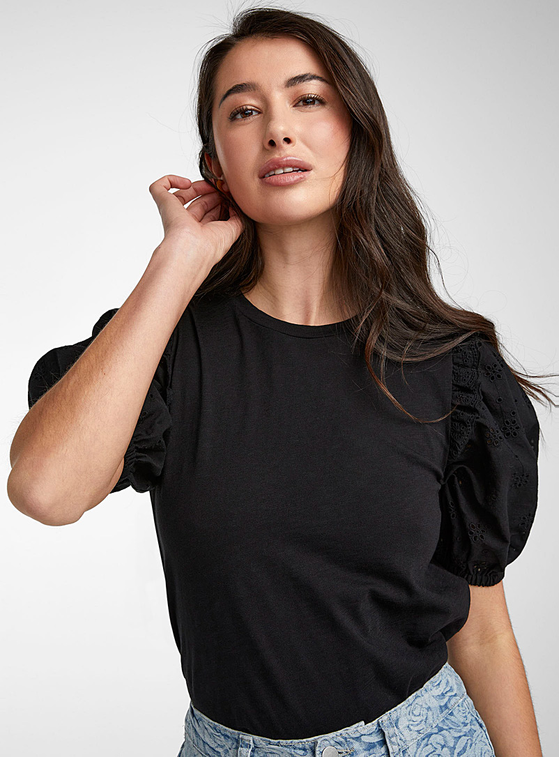 Icône Black Puff-sleeve broderie anglaise T-shirt for women