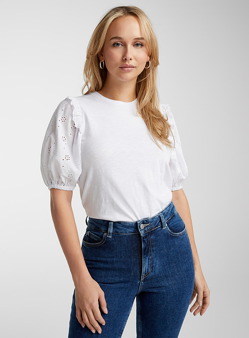 Icône White Puff-sleeve broderie anglaise T-shirt for women