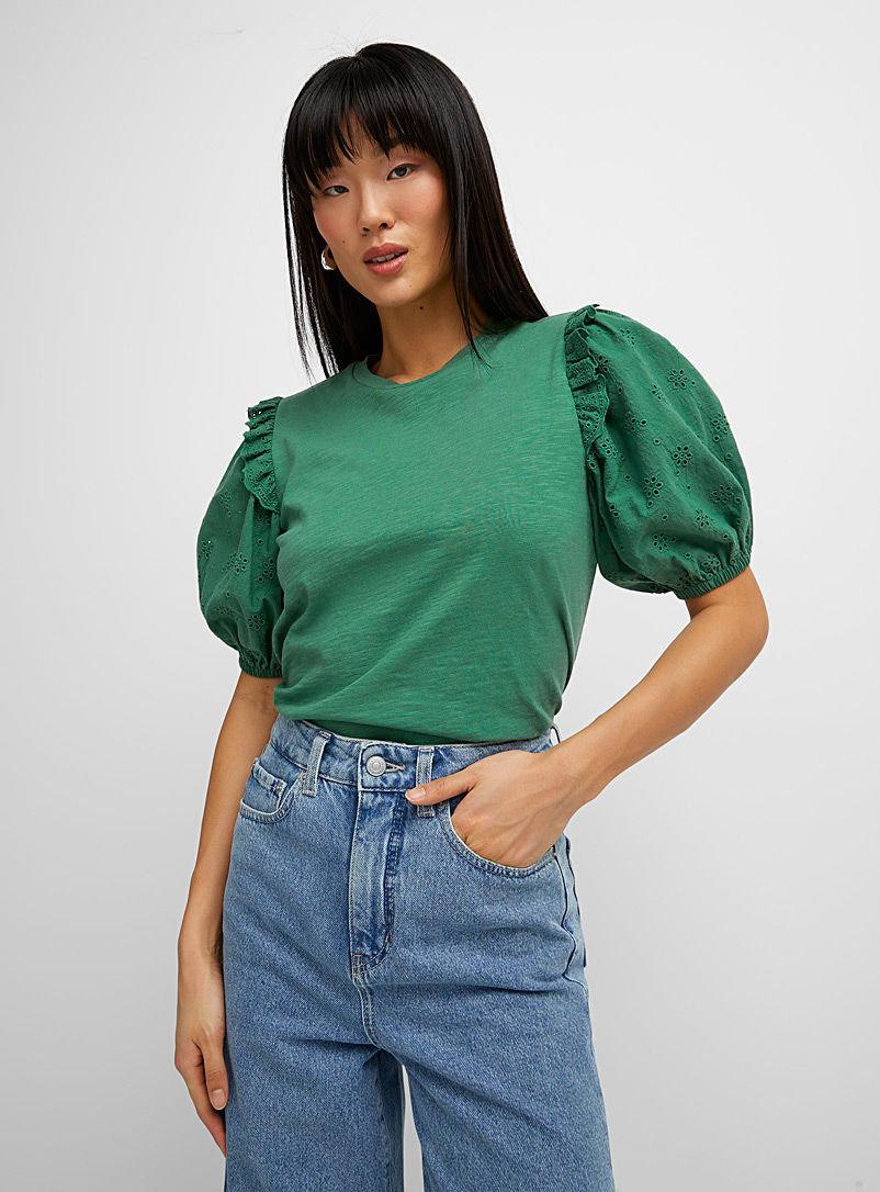 Icône Green Puff-sleeve broderie anglaise tee for women