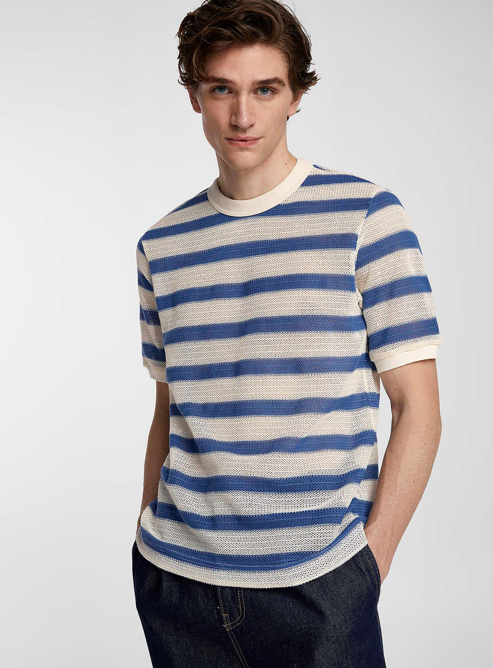 Le 31 Nautical-stripe Openwork Knit T-shirt In Blue
