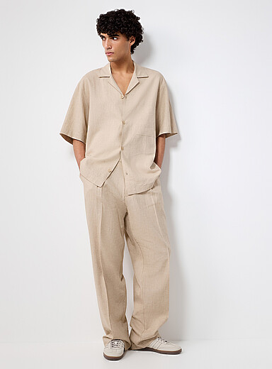 I'M BRIAN: Le pantalon lin plis plats <b>Coupe droite</b> Ivoire - Beige cr&egrave;me pour homme