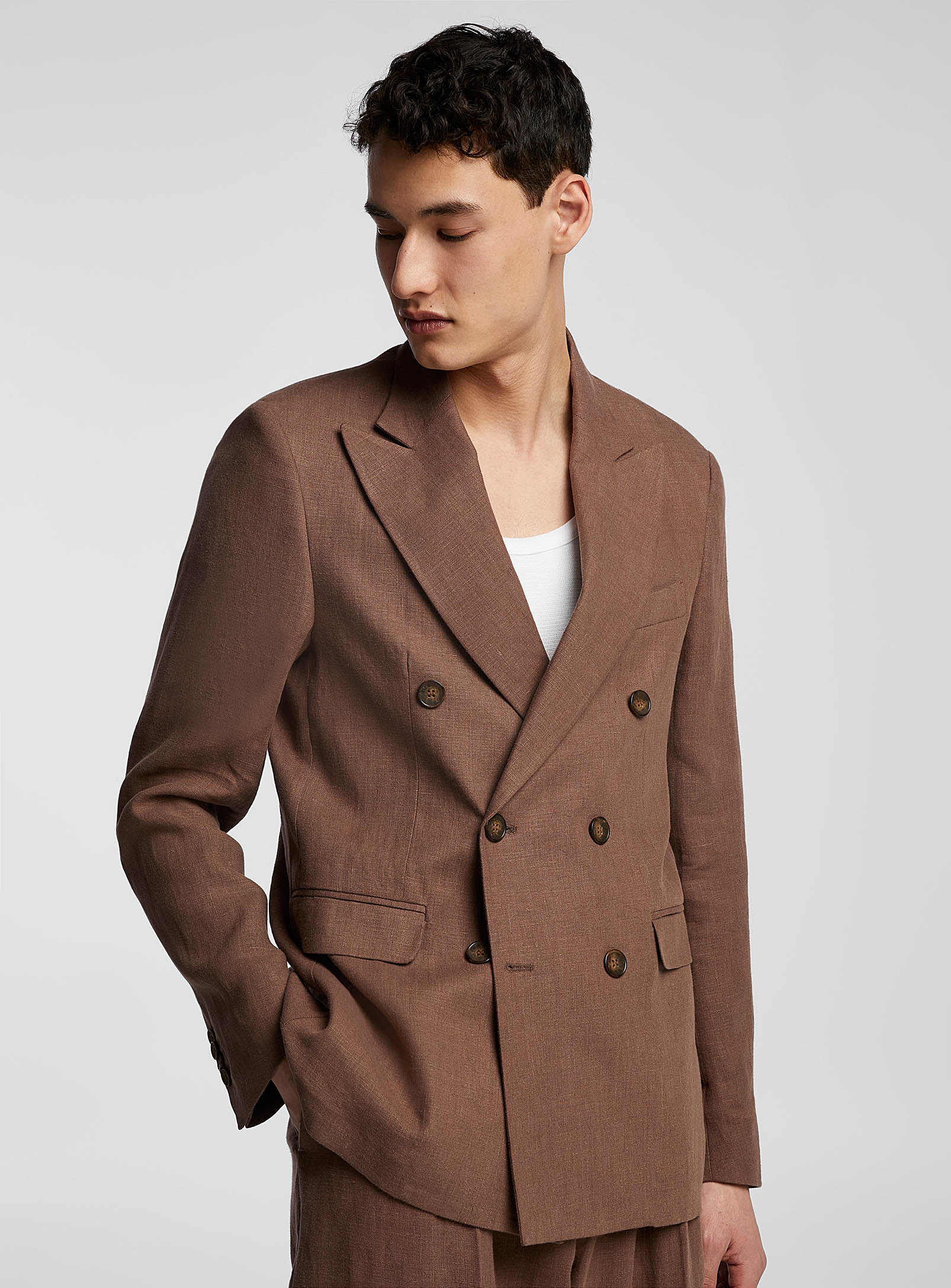 I'M BRIAN - Men's Brown pure linen double-breasted jacket