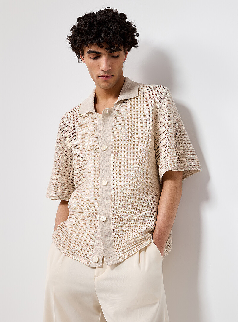 Openwork-Stripe Polo-Collar Cardigan
