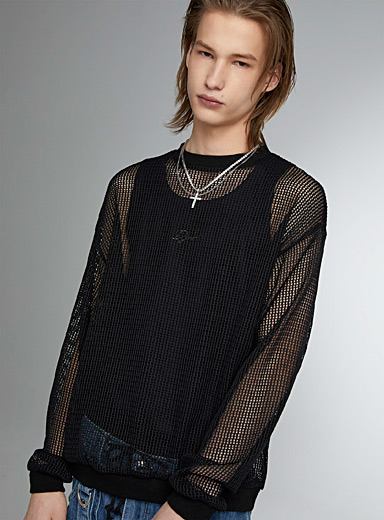 Djab Black Long-sleeve knitted mesh T-shirt for men
