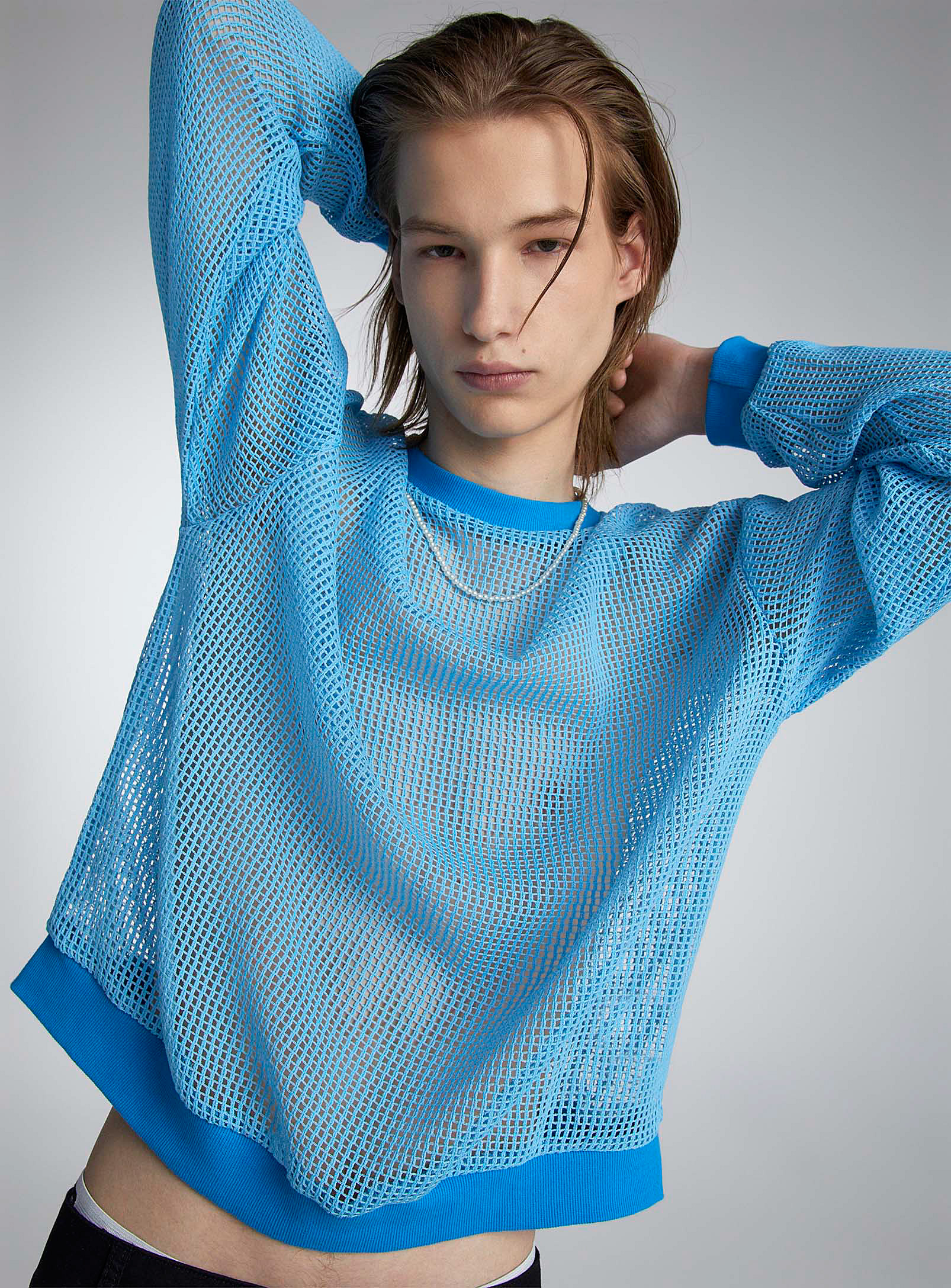 Djab Long-sleeve Knitted Mesh T-shirt In Baby Blue