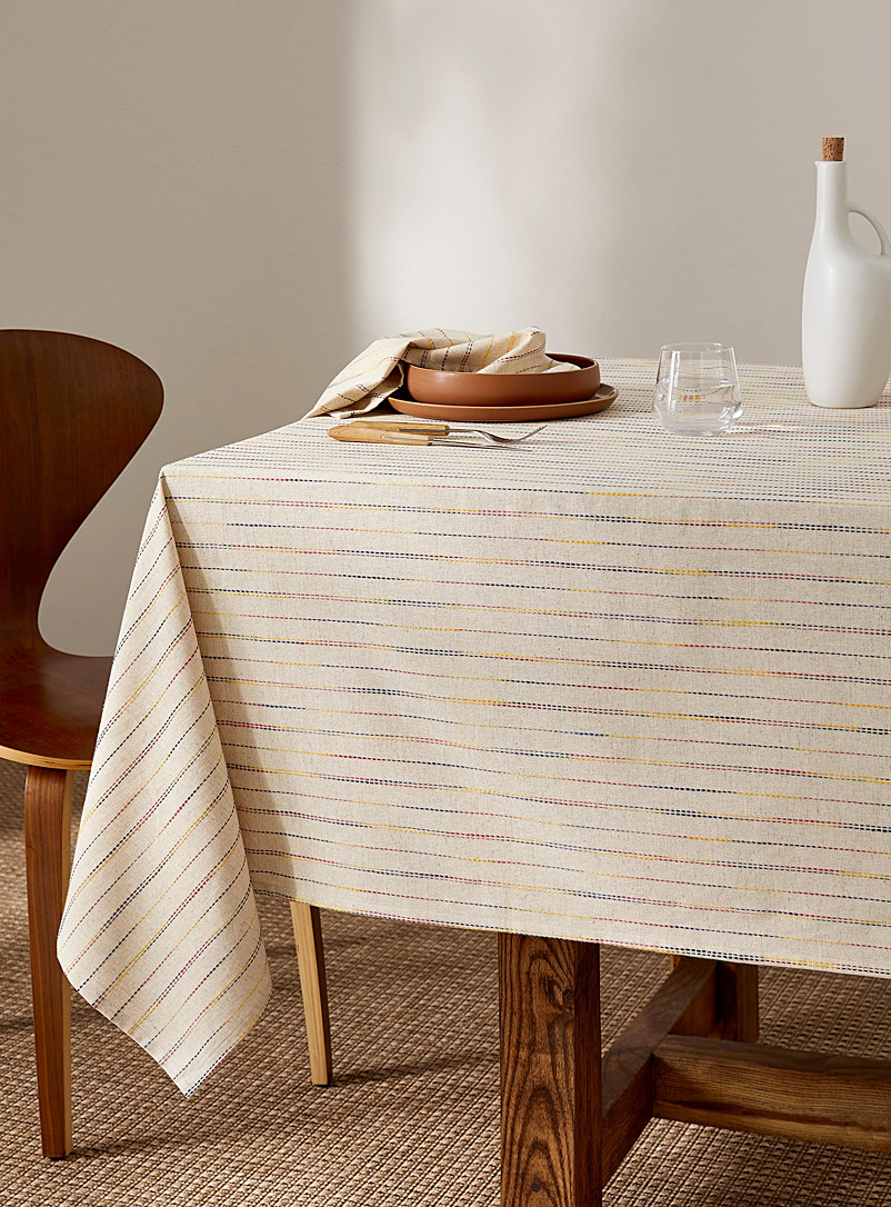 Simons Maison Patterned Ecru Touch of linen topstitched stripes tablecloth