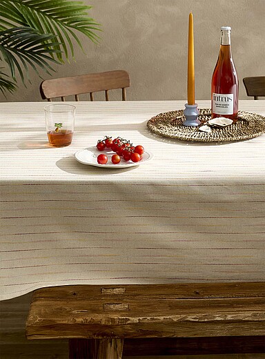 Simons Maison Patterned Ecru Touch of linen dotted pinstripes tablecloth