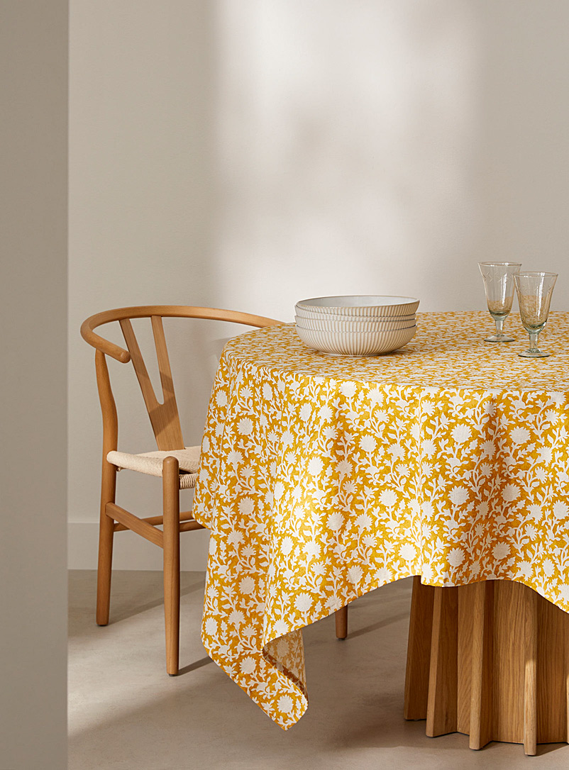 Simons Maison: La nappe jaune en fleur touche de lin Jaune à motifs