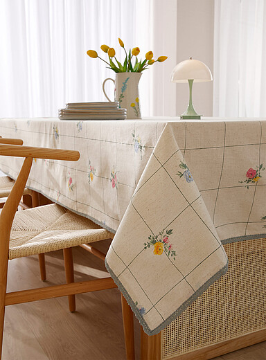 Checkers and flowers touch of linen tablecloth