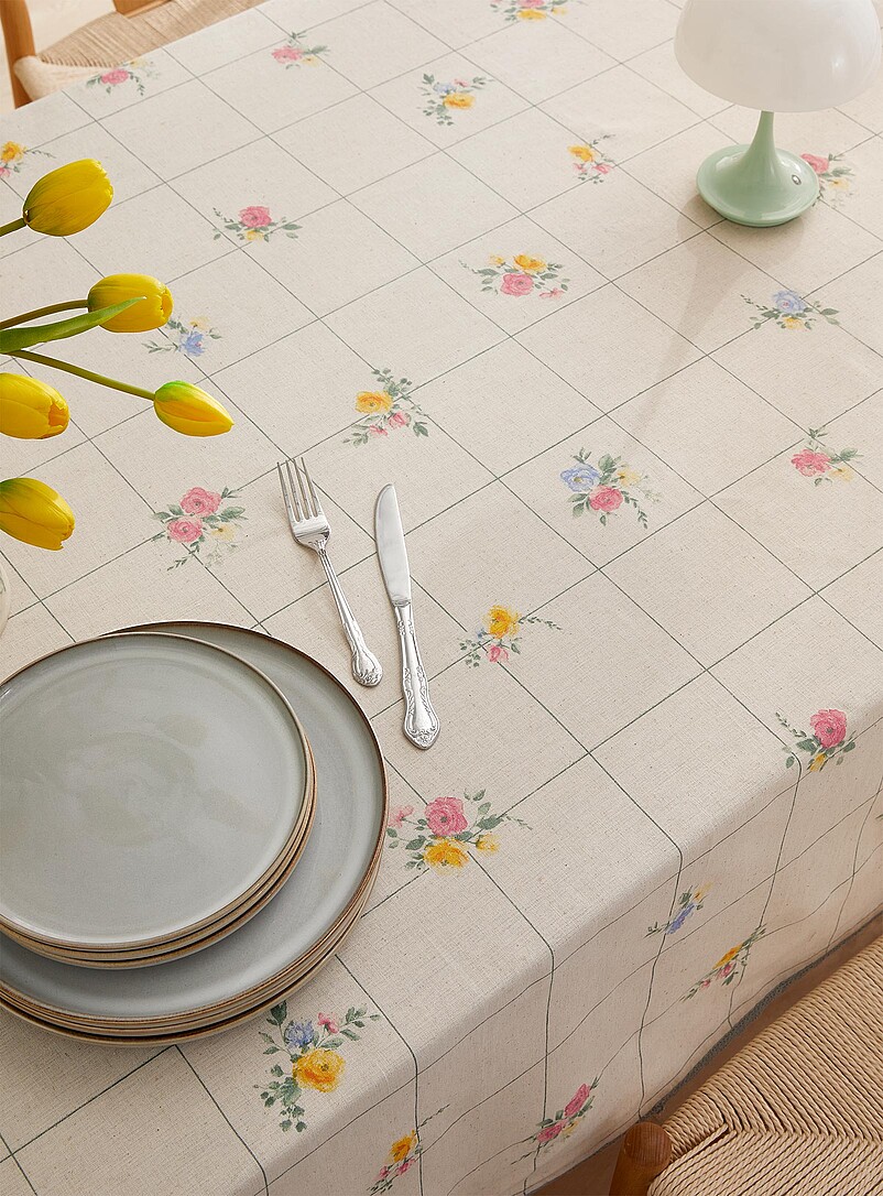 Simons Maison Patterned Ecru Checkers and flowers touch of linen tablecloth