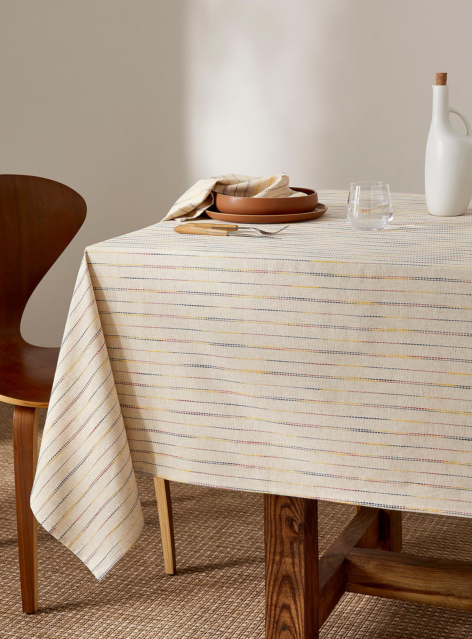 Simons Maison Touch Of Linen Topstitched Stripes Tablecloth In Neutral