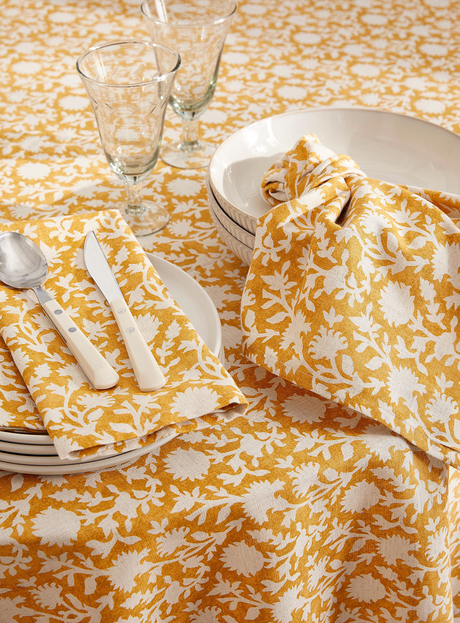 Simons Maison - Les serviettes de table jaunes en fleur touche de lin Ensemble de 2