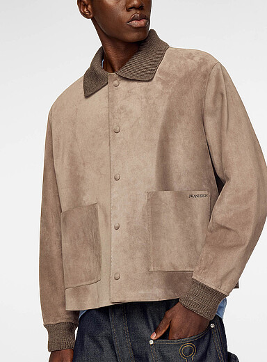 Wool trim boxy suede jacket