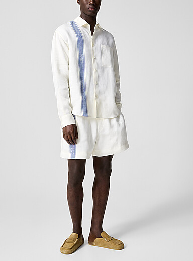Blue side stripe pure linen short