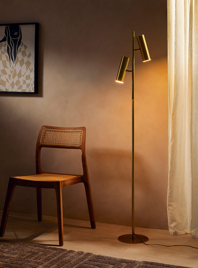 Golden double head projection floor lamp product image (primary)