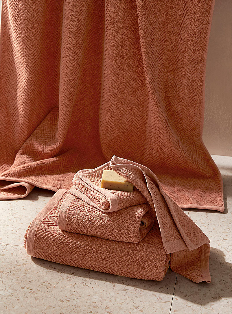 Simons Maison Peach Pink Chevron texture organic cotton towels Eco-friendly fibre, modern graphic pattern