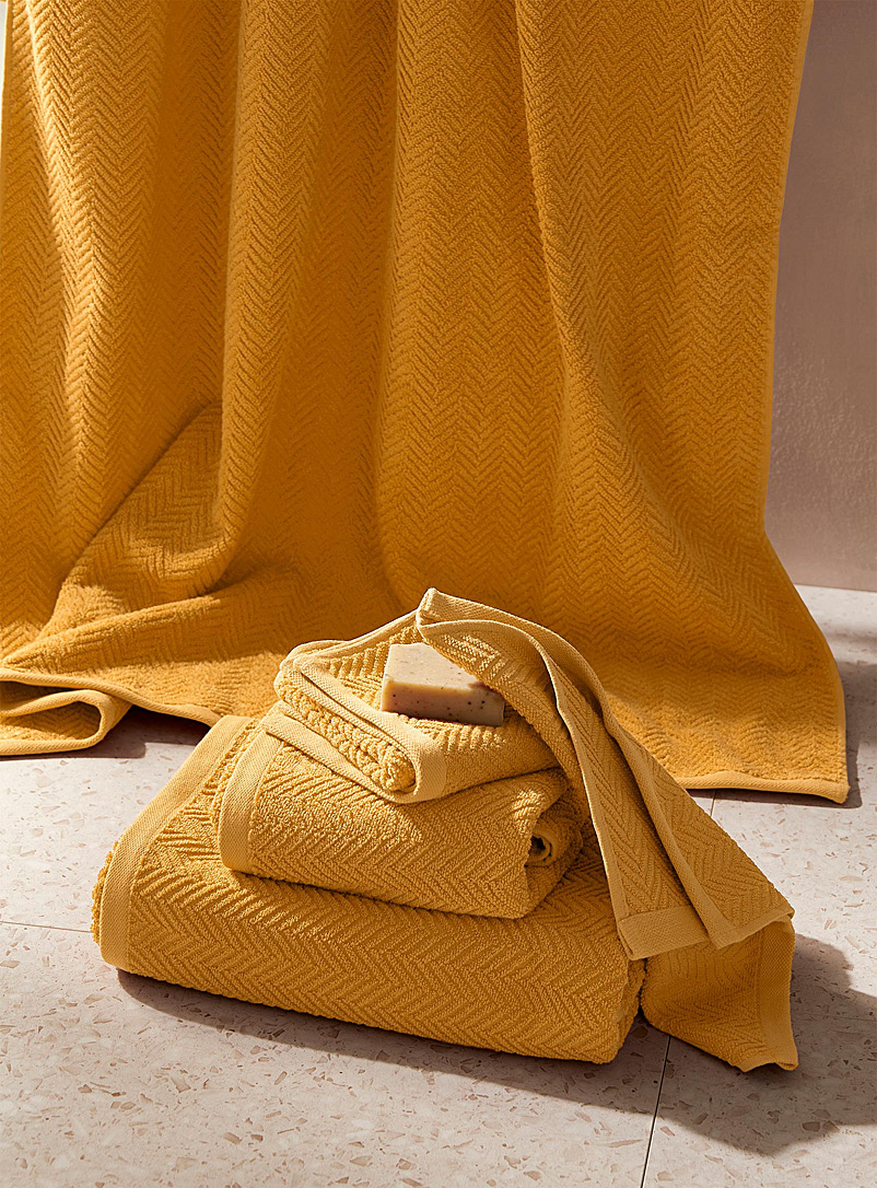 Simons Maison Ochre Yellow Chevron texture organic cotton towels Eco-friendly fibre, modern graphic pattern