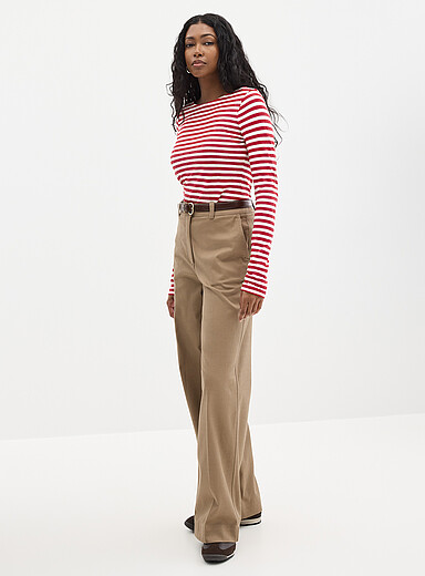 Stretch coffee-brown twill pant <b>Fit: Wide leg, high rise</b>