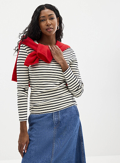 Mini-ribbing striped long-sleeve T-shirt