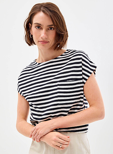Marc O'Polo: Le t-shirt fin tricot ray&eacute; coton bio Blanc et noir pour femme